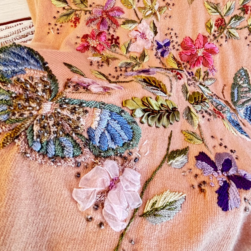 Vintage Embroidered Beaded Cardigan L Peach Ramie/Rayon 3D Ribbon Floral Whimsy - Picture 14 of 16